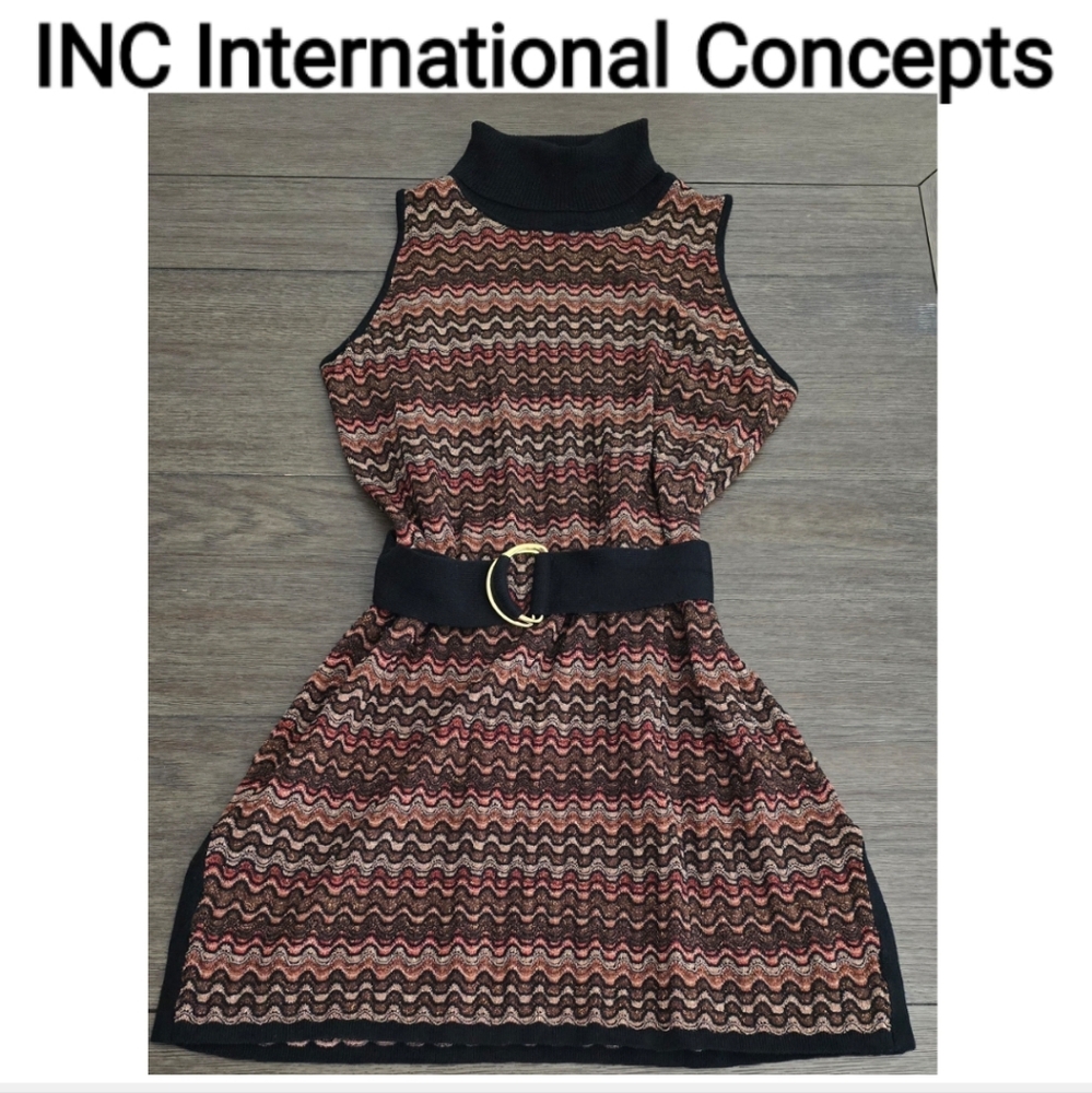 INC Womens Black Metallic Sleeveless Belted Turtleneck Zig-Zag Tunic Sweater M